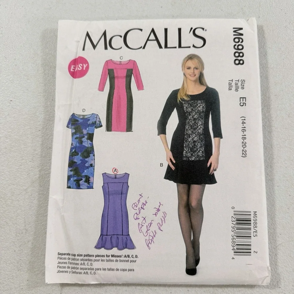 McCall's M6988 Sewing Pattern Misses Semi-Fitted Dresses Size 14, 16, 18, 20, 22